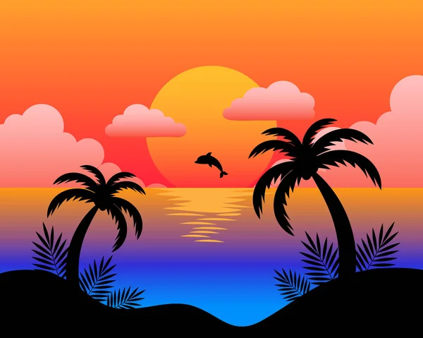 Summer Seascape Palm Trees Sea Dolphin Backdrop Sunset Colorful Illustration — Stock Vector