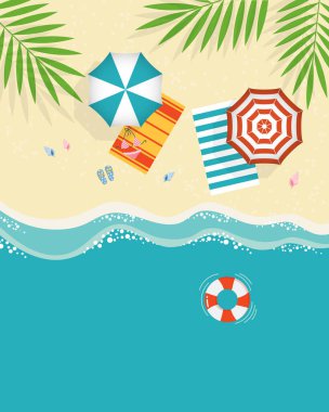 Top view seascape, beach umbrellas, inflatable balls, shells and tropical leaves on the sandy shore. Travel concept. Illustration, vector