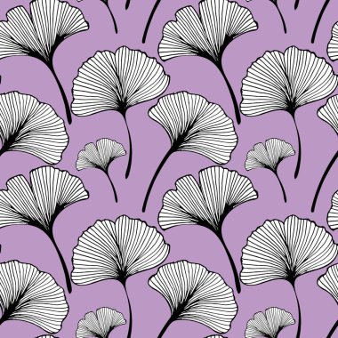 Kusursuz desen, eflatun arkaplanda ginkgo biloba yaprakları. Yazdırma, arkaplan, tekstil, vektör