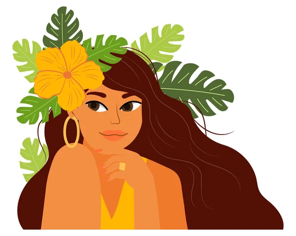 Portrait Cute Girl Tropical Flowers Leaves Her Hair Illustration Poster — Image vectorielle
