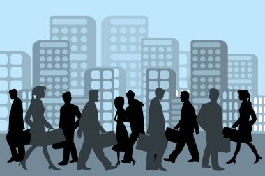 Illustration, silhouettes of business women and men on the background of the urban landscape. Business success concept. Vector