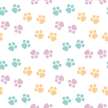 Kusursuz desen, beyaz arka planda kedi pençesi izleri. Yazdırma, arkaplan, tekstil, duvar kağıdı, vektör