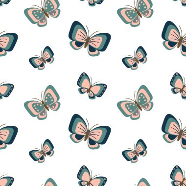 Kusursuz desen, süslemeli kelebekler, pastel renkler. Yazdırma, arkaplan, tekstil, vektör