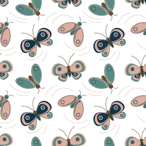 Nahtloses Muster Schmetterlinge Und Motten Mit Ornament Pastellfarben Druck Hintergrund — Stockvektor