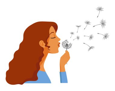 Şirin, gülümseyen bir kız bir karahindibanın tüylerini yoluyor. Görüntü, poster, vektör