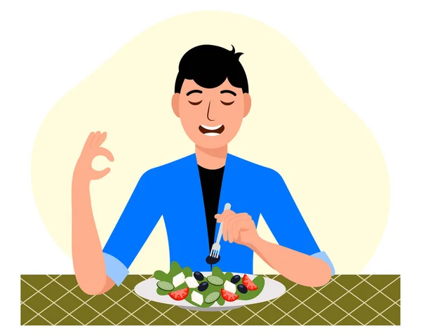 Happy Guy Eating Greek Salad Showing Concept Vegetarianism Healthy Eating —  Vetores de Stock