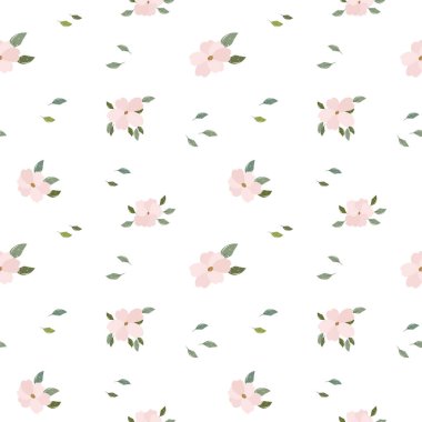 Kusursuz desen, küçük pembe çiçekler ve beyaz arka planda dağınık yapraklar. Yazdırma, çiçek arkaplanı, tekstil, vektör