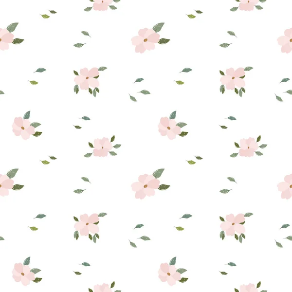 Seamless Pattern Small Pink Flowers Scattered Leaves White Background Print — 图库矢量图片
