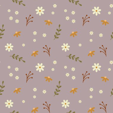 Kusursuz desen, küçük papatyalar ve gri arka planda karalama tarzı dallar. Çiçek izi, tekstil, vektör