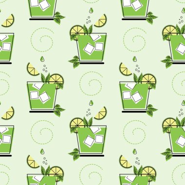 Kusursuz desenler, kokteylli bardaklar, buz küpleri ve meyve dilimleri. Yazdırma, arkaplan, tekstil, vektör