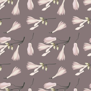 Kusursuz desenler, gri arka planda pembe manolya çiçekleri olan narin dallar. Çiçek izi, tekstil, vektör