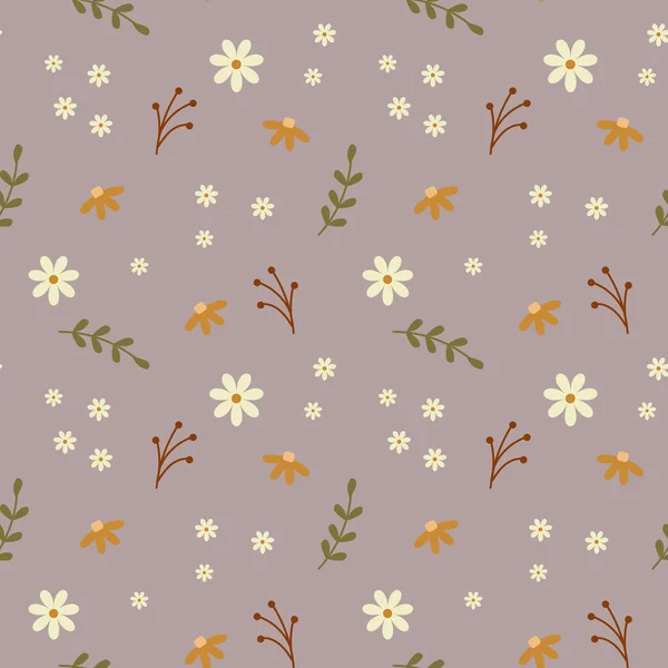 Seamless Pattern Small Daisies Twigs Doodle Style Gray Background Floral —  Vetores de Stock