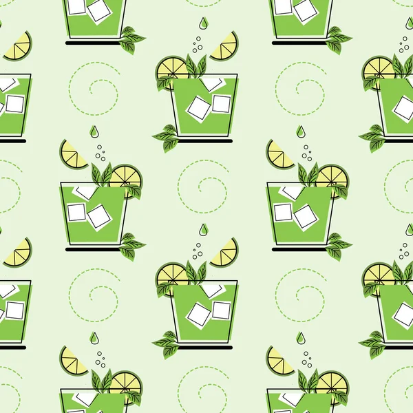 Kusursuz desenler, kokteylli bardaklar, buz küpleri ve meyve dilimleri. Yazdırma, arkaplan, tekstil, vektör