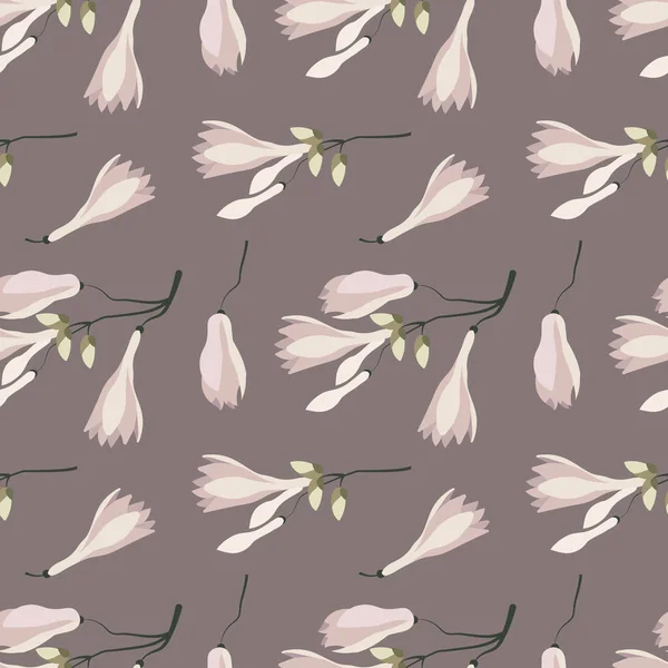 Kusursuz desenler, gri arka planda pembe manolya çiçekleri olan narin dallar. Çiçek izi, tekstil, vektör