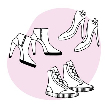 Set of women's shoes, high-heeled shoes, high-heeled boots, sneakers. Line drawing by hand for coloring. Print, illustration, vector