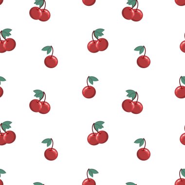 Kusursuz desenli, yapraklı dallarda renkli kirazlar. Yazdırma, meyve arkaplanı, tekstil, vektör
