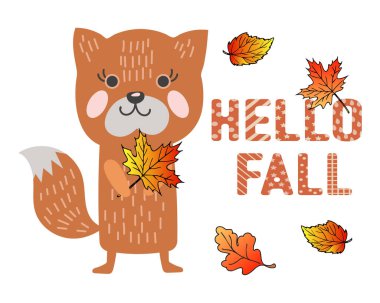 Cute fox in doodle style with autumn leaves and text Hello fall. Print, children's illustration, vector