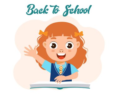 Cute happy girl with book and text Back to school. Cartoon character, print, children's illustration, vector