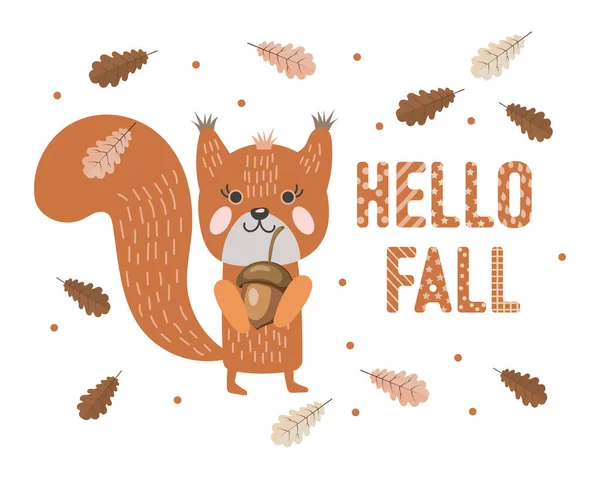 Cute Squirrel Acorn Doodle Style Autumn Leaves Text Hello Fall — Διανυσματικό Αρχείο