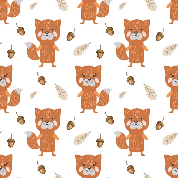 Seamless Pattern Cute Doodle Foxes Background Autumn Leaves Acorns Children — Διανυσματικό Αρχείο