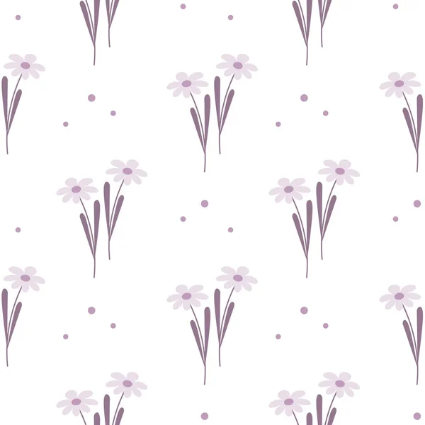 Seamless Pattern Delicate Lilac Daisies White Background Dots Print Background — 스톡 벡터