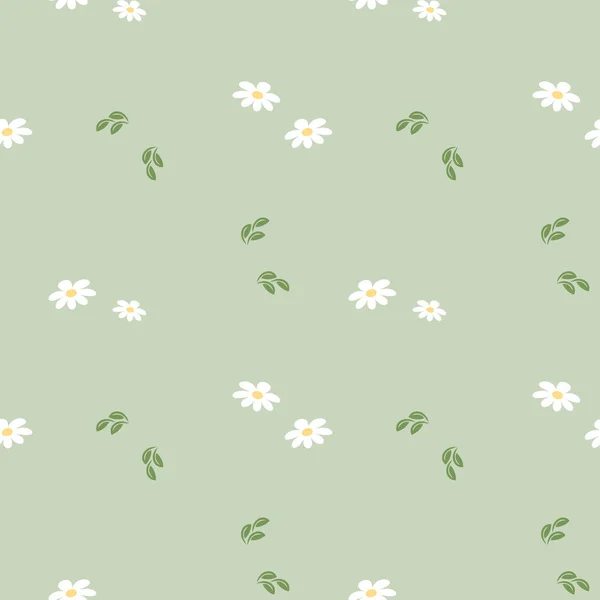 Seamless Pattern Small White Daisies Leaves Green Background Print Background — Vetor de Stock