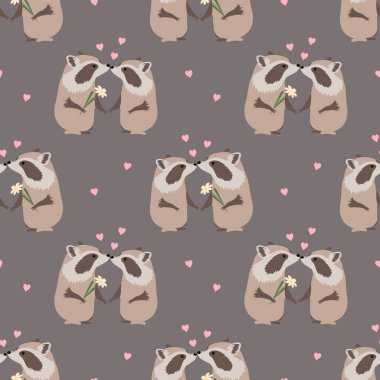 Seamless pattern, cute raccoons in love and flowers on a beige background. Children's print, textile, wallpaper, vector