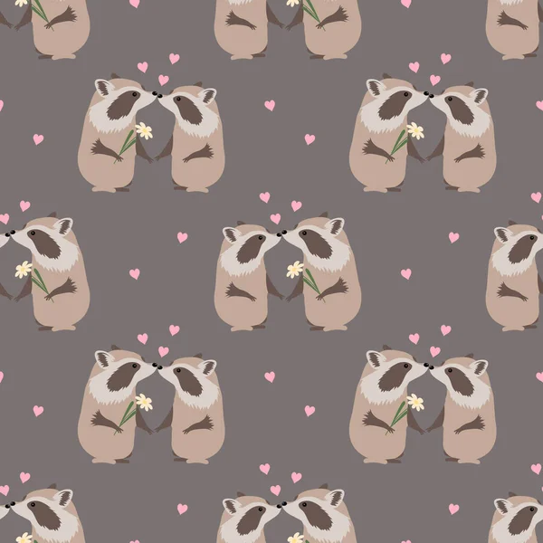 Seamless pattern, cute raccoons in love and flowers on a beige background. Children's print, textile, wallpaper, vector