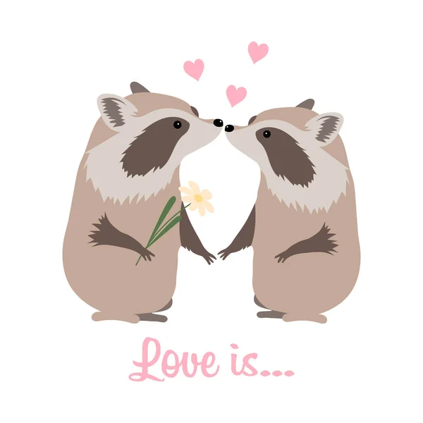 Cute Raccoons Love Hearts Text Love Childish Print Illustration Postcard — Vector de stock