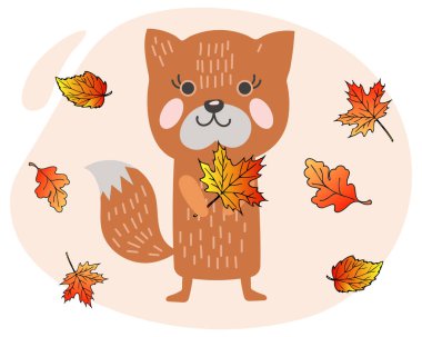 Cute cartoon fox and autumn leaves. Doodle style illustration, kids print, vector