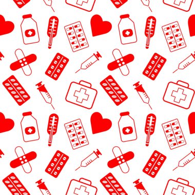 Seamless pattern, red medical icons. Thermometer, syringe, adhesive plaster, pills on a white background. Print, vector