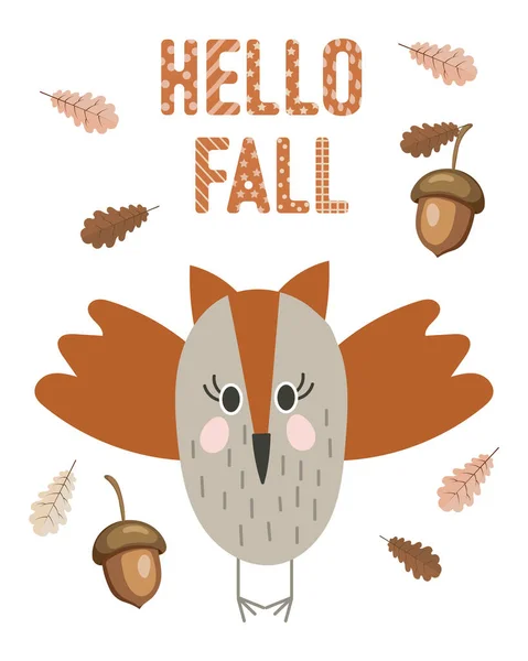 Cute Cartoon Owl Acorns Autumn Leaves Text Hello Fall Doodle — Stock Vector
