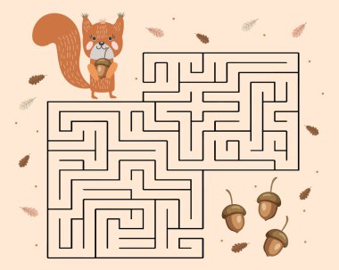Educational maze for kids, cute squirrel and acorns. Illustration, vector