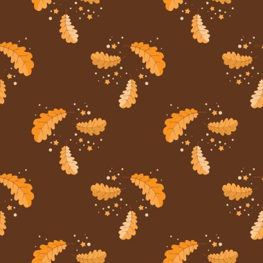 Seamless pattern, painted oak leaves and small stars on a brown background. Autumn print, textile, vector