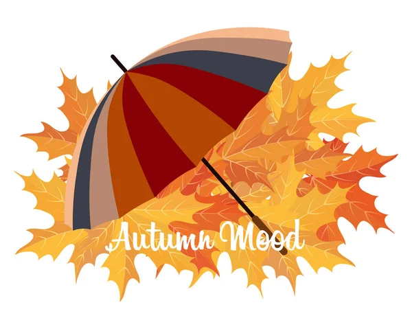 Colorful Striped Umbrella Orange Colors Background Maple Leaves Autumn Illustration — Stockový vektor