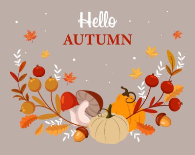 Pumpkins, mushrooms, acorns, rowan and maple leaves on a beige background. Autumn print, postcard, frame, vector