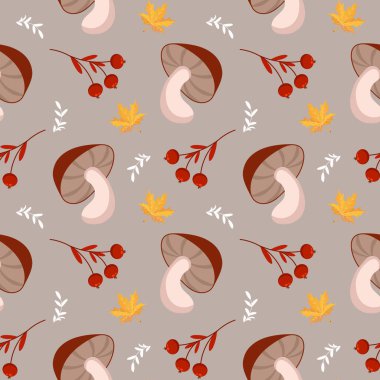 Seamless pattern, mushrooms, rowan and maple leaves on a beige background. Autumn print, textile, background, vector