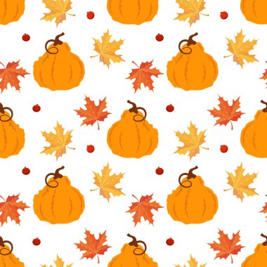 Seamless pattern, pumpkins, maple leaves and rowan berries on a white background. Autumn print, textile, background, vector