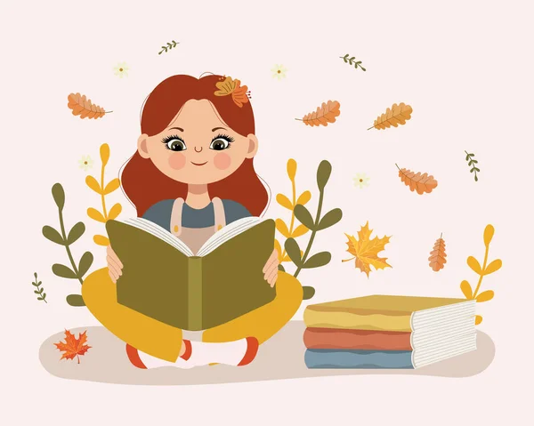 Cute Little Girl Reads Book Books Background Autumn Leaves Cartoon — Stok Vektör