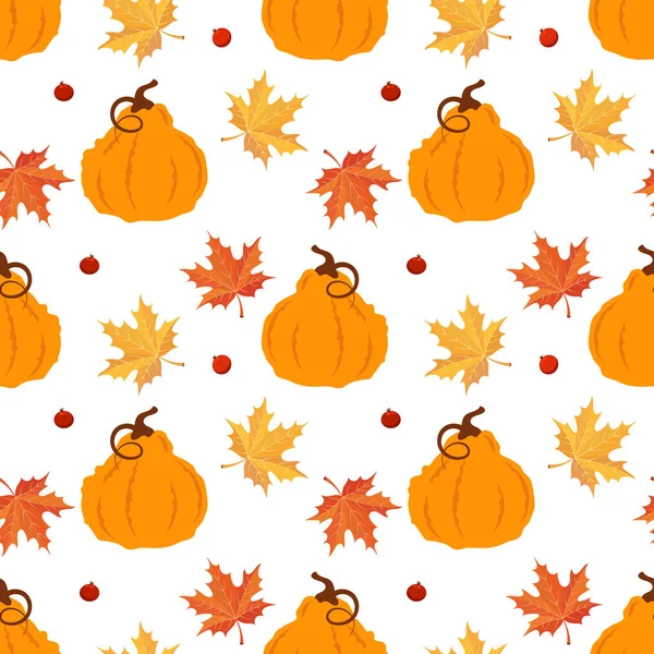 Seamless Pattern Pumpkins Maple Leaves Rowan Berries White Background Autumn — стоковый вектор