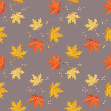 Kusursuz desen, sonbahar akçaağaç yaprakları ve bej arkaplanda yıldızlar. Tekstil, baskı, vektör