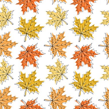 Kusursuz desen, sonbahar akçaağaç yaprakları, pastel renkli siyah çizgiler. Arkaplan, tekstil, baskı, vektör