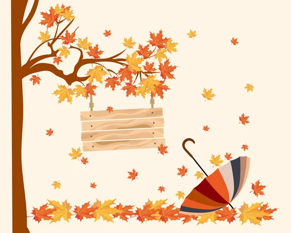 Znamení Dřevěných Prken Stromě Podzimními Javorovými Listy Deštníkem Podzimní Ilustrace — Stockový vektor