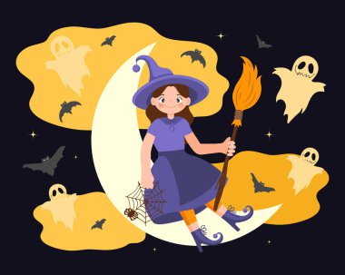 Ay 'da süpürgesi, yarasaları ve hayaletleri olan sevimli cadı kız. Cadılar Bayramı illüstrasyonu, çocuk baskısı, vektör