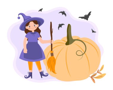 Elinde balkabağı, süpürge ve sopayla kostüm giymiş kara cadı kız. Cadılar Bayramı illüstrasyonu, çocuk baskısı, vektör