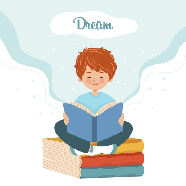 Menino Bonito Com Livro Senta Livros Sonhos Desenhos Animados Ilustração — Vetor de Stock