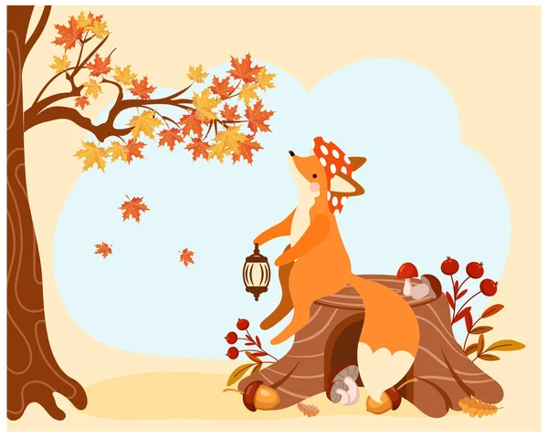 Симпатичная Лиса Фонариком Пне Дерево Осенними Листьями Карикатура Детская Печать — стоковый вектор