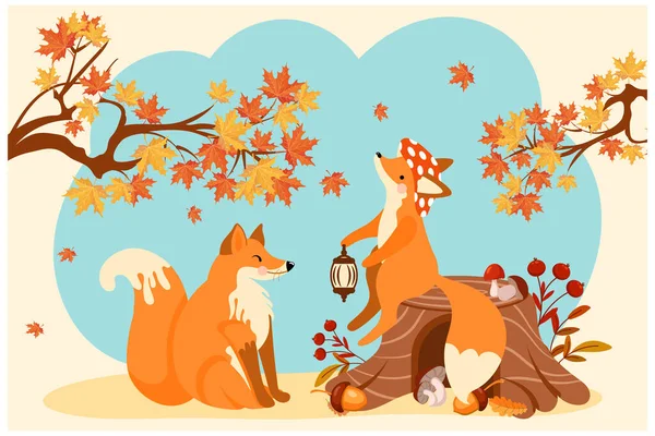 Милые Лисы Осеннем Лесу Лиса Пне Влюбленная Лиса Иллюстрация Печать — стоковый вектор