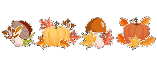 Ein Set Mit Herbst Stickern Kürbissen Pilzen Mit Herbstblättern Und — Stockvektor