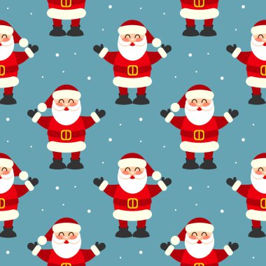 Kusursuz desenli, mavi arka planda kar taneleri olan sevimli, komik bir Noel Baba. Noel baskısı, tekstil, arkaplan, vektör
